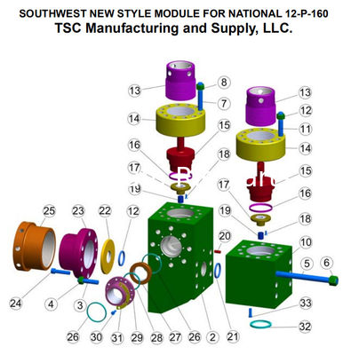 EWCO W-446 mud pump fluid end module, liners, pistons, valevs, W-440 mud pump fluid end liner, E-1600 mud pump liner